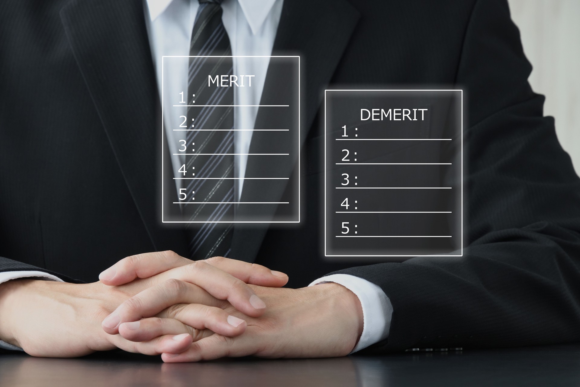 Image of a man in a suit comparing and analyzing the pros and cons